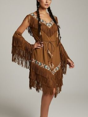 Brown Fringe V-Neck Boho Dress with Beaded Trim
